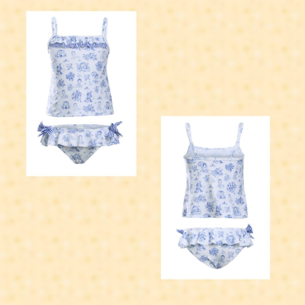 Blue Toile Pattern Little Girls Swimsuit
